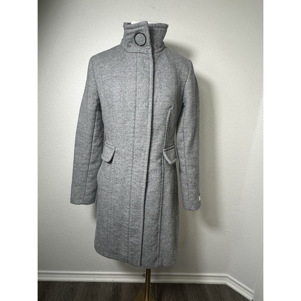 Calvin Klein Women’s XXS Gray Herringbone Wool Blend Coat Zip Snap Mid Length - Picture 1 of 16